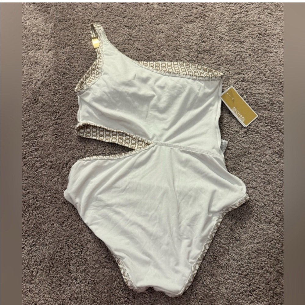 MICHAEL Michael Kors Cream and Brown One-Shoulder Swimsuit - Picture 6 of 9